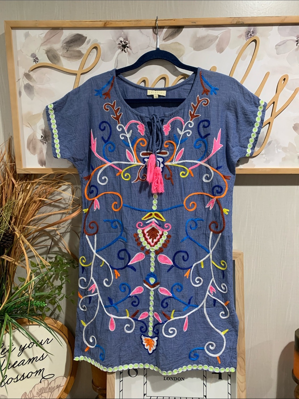 Anthropologie Blue Embroidered Tassel Tunic Dress